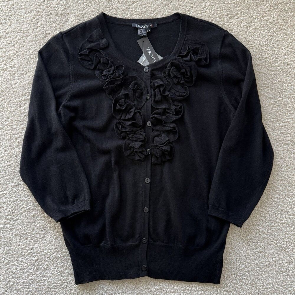 Tracy M Sweater Women Size M Black 3/4 Sleeve Ruffle Front Button Up Cardigan